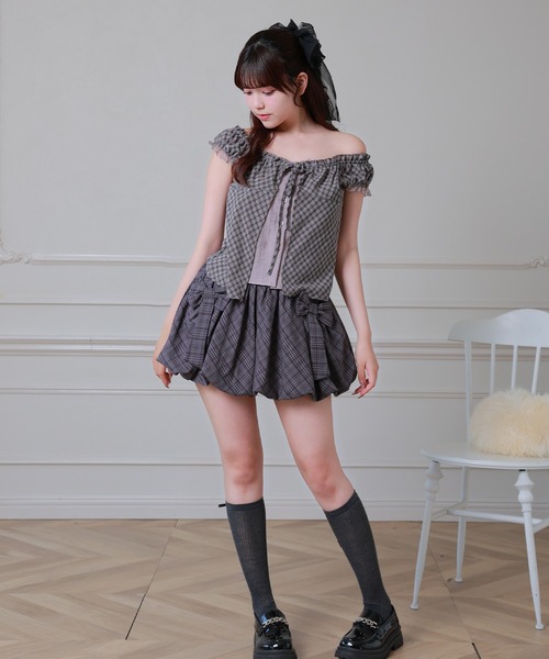 Anely(アネリー)の「Anely 2way チェック柄 フロント リボン レイヤード ブラウス(シャツ/ブラウス・レディース・グレー/パープル/ブラック・FREE)」の15枚目の写真