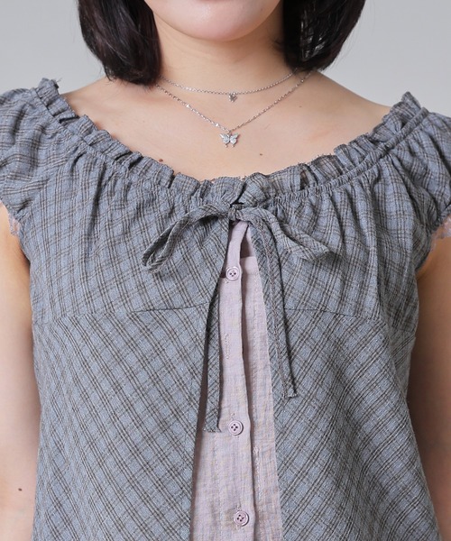 Anely(アネリー)の「Anely 2way チェック柄 フロント リボン レイヤード ブラウス(シャツ/ブラウス・レディース・グレー/パープル/ブラック・FREE)」の21枚目の写真