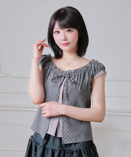 Anely(アネリー)の「Anely 2way チェック柄 フロント リボン レイヤード ブラウス(シャツ/ブラウス・レディース・グレー/パープル/ブラック・FREE)」の16枚目の写真
