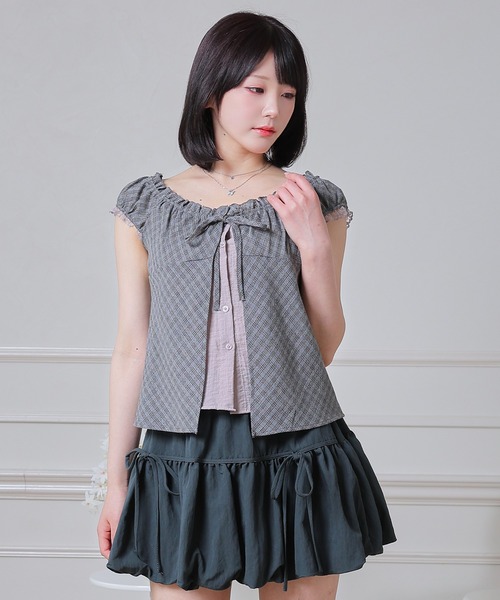 Anely(アネリー)の「Anely 2way チェック柄 フロント リボン レイヤード ブラウス(シャツ/ブラウス・レディース・グレー/パープル/ブラック・FREE)」の18枚目の写真