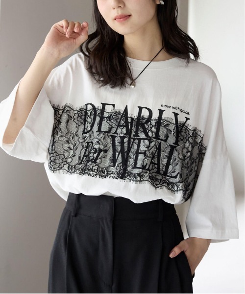 pocket(ポケット)の「レースドッキングロゴプリントTシャツ(Tシャツ/カットソー・レディース・ホワイト×ブラック/チャコールグレー×ブラック・FREE)」の2枚目の写真