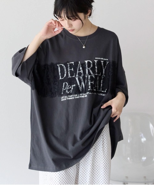 pocket(ポケット)の「レースドッキングロゴプリントTシャツ(Tシャツ/カットソー・レディース・ホワイト×ブラック/チャコールグレー×ブラック・FREE)」の1枚目の写真