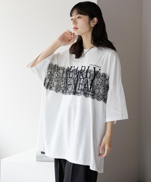 pocket(ポケット)の「レースドッキングロゴプリントTシャツ(Tシャツ/カットソー・レディース・ホワイト×ブラック/チャコールグレー×ブラック・FREE)」の3枚目の写真