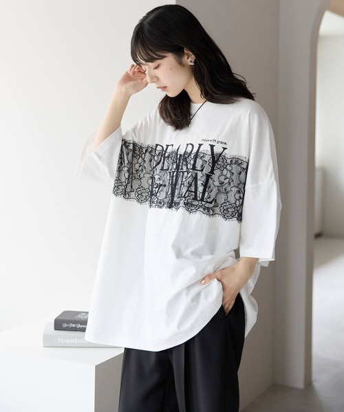pocket(ポケット)の「レースドッキングロゴプリントTシャツ(Tシャツ/カットソー・レディース・ホワイト×ブラック/チャコールグレー×ブラック・FREE)」の4枚目の写真