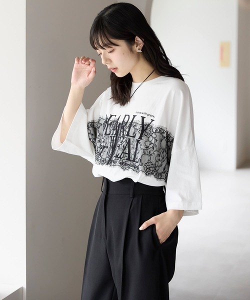 pocket(ポケット)の「レースドッキングロゴプリントTシャツ(Tシャツ/カットソー・レディース・ホワイト×ブラック/チャコールグレー×ブラック・FREE)」の7枚目の写真
