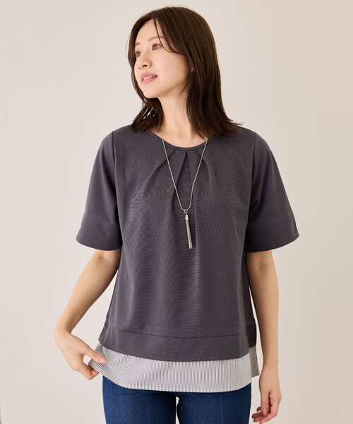 Jayro(ジャイロ)の「配色ストライプ半袖カットソー(Tシャツ/カットソー・レディース・ネイビー/ベージュ系その他/チャコールグレー・M)」の4枚目の写真