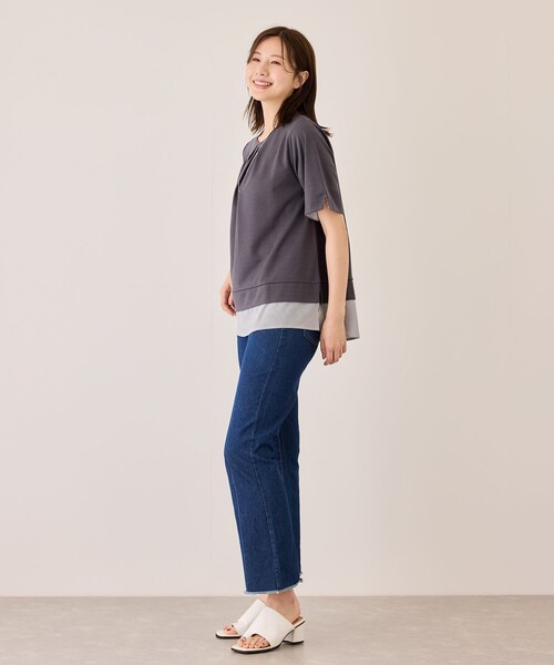 Jayro(ジャイロ)の「配色ストライプ半袖カットソー(Tシャツ/カットソー・レディース・ネイビー/ベージュ系その他/チャコールグレー・M)」の8枚目の写真