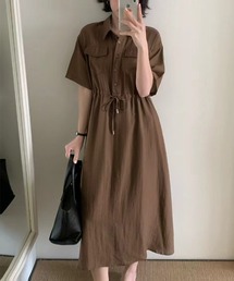 大人ナチュラル リネン混ワッシャーシャツワンピース ドロスト シャツワンピース ロング 半袖 ウエストマーク 半袖ワンピース 夏ワンピース 春服 夏服