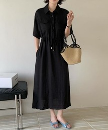 大人ナチュラル リネン混ワッシャーシャツワンピース ドロスト シャツワンピース ロング 半袖 ウエストマーク 半袖ワンピース 夏ワンピース 春服 夏服