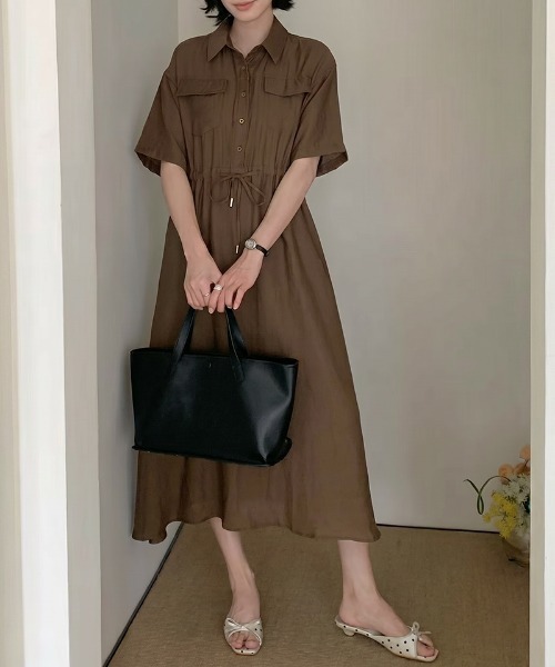 COCOMOMO(ココモモ)の「大人ナチュラル リネン混ワッシャーシャツワンピース ドロスト シャツワンピース ロング 半袖 ウエストマーク 半袖ワンピース 夏ワンピース 春服 夏服(ワンピース・レディース・ブラウン/ピンク/ブラック・FREE)」の4枚目の写真