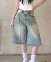 バックベルトワイドデニムバミューダパンツ