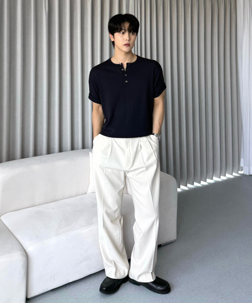 HYOJI（ヒョージ）の「26 SS ウォッシャブルリネンヘンリーネッククロップニット（6カラー）（ニット/セーター・メンズ・ブラック/ネイビー/グレー/レッド/クリーム/チャコール・M/L/XL/S）」の7枚目の写真