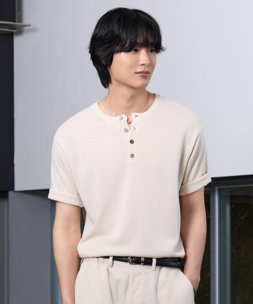 HYOJI（ヒョージ）の「26 SS ウォッシャブルリネンヘンリーネッククロップニット（6カラー）（ニット/セーター・メンズ・ブラック/ネイビー/グレー/レッド/クリーム/チャコール・M/L/XL/S）」の18枚目の写真