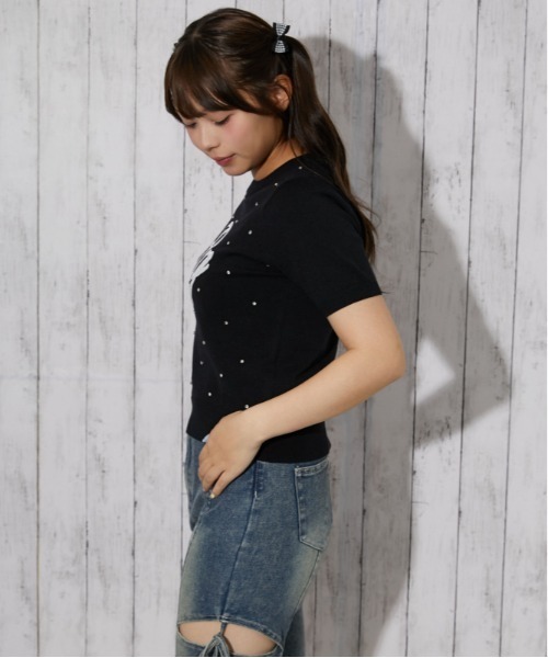 GORGE（ゴージ）の「レースロゴ ラインストーン半袖ニット｜全3色（ニット/セーター・レディース・オフホワイト/グレー/ブラック・F）」の6枚目の写真