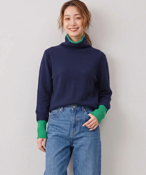 Nunc.(ヌンク)の「カシミヤ配色ボトルネックニット(ニット/セーター・レディース・ネイビー/オフホワイト/レッド・FREE)」の3枚目の写真