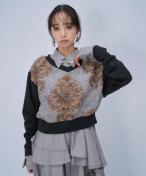 HARE(ハレ)の「ジャガードキリカエVネックスウェット(HARE)(スウェット・レディース・グリーン/ブルーグレー/ボルドー・FREE)」の2枚目の写真
