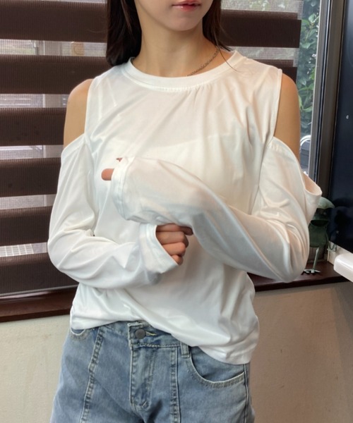 セール】ショルダーカットアウト 肩開き ロンT 長袖カットソー（T
