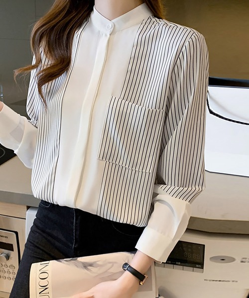 Doux Belle(ドゥーベル)の「ストライプ切替バンドカラーシャツ(シャツ/ブラウス・レディース・ホワイト・MEDIUM/X-LARGE/LARGE)」の5枚目の写真