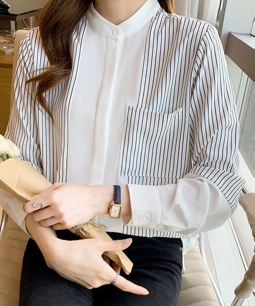 Doux Belle(ドゥーベル)の「ストライプ切替バンドカラーシャツ(シャツ/ブラウス・レディース・ホワイト・MEDIUM/X-LARGE/LARGE)」の8枚目の写真