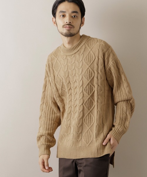 MONO-MART(モノマート)の「オーバーサイズフィッシャーマンケーブル編みモックネックニットセーター(ニット/セーター・メンズ・キャメル/ワイン/チャコール/テラコッタ/ブラック/ベージュ/ネイビー/アイボリー/カーキオリーブ/杢グレー/ブラウン/グリーン・FREE)」の7枚目の写真