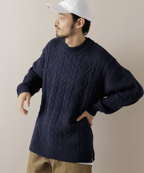 MONO-MART(モノマート)の「オーバーサイズフィッシャーマンケーブル編みモックネックニットセーター(ニット/セーター・メンズ・キャメル/ワイン/チャコール/テラコッタ/ブラック/ベージュ/ネイビー/アイボリー/カーキオリーブ/杢グレー/ブラウン/グリーン・FREE)」の10枚目の写真