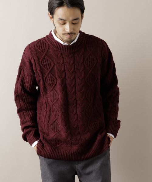 MONO-MART(モノマート)の「オーバーサイズフィッシャーマンケーブル編みモックネックニットセーター(ニット/セーター・メンズ・キャメル/ワイン/チャコール/テラコッタ/ブラック/ベージュ/ネイビー/アイボリー/カーキオリーブ/杢グレー/ブラウン/グリーン・FREE)」の12枚目の写真
