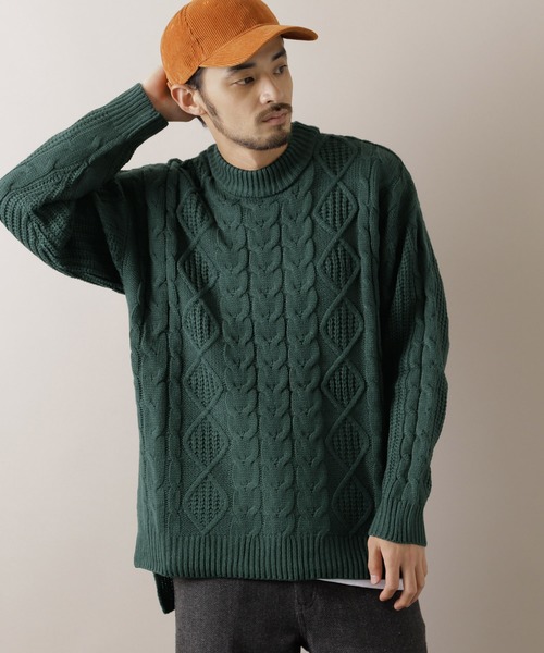 MONO-MART(モノマート)の「オーバーサイズフィッシャーマンケーブル編みモックネックニットセーター(ニット/セーター・メンズ・キャメル/ワイン/チャコール/テラコッタ/ブラック/ベージュ/ネイビー/アイボリー/カーキオリーブ/杢グレー/ブラウン/グリーン・FREE)」の8枚目の写真