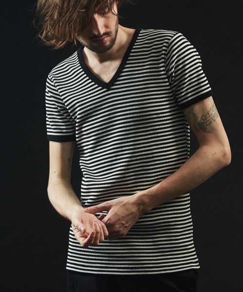 セール ボーダー ヘビロテ確実 ベアワッフル ボーダー Tシャツ カットソー Vネック ｔシャツ Tシャツ カットソー Pour 半袖 Hommes ゴーサンゴーイチプールオム のtシャツ カットソー Les Hommes ゴーサンゴーイチプールオム のファッション 5351