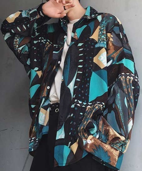 MGV（エムジーヴィー）の「【MGV】ヴィンテージ風プリントオーバーサイズシャツ（シャツ/ブラウス・メンズ・ブルー/グリーン・LARGE/X-LARGE/XX-LARGE/MEDIUM）」の5枚目の写真