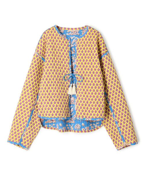 極美品 ソレイアード ポリエステルプリント ノーカラージャケット 36 イエロー SOULEIADO（ソレイアード）の「ポリエステルプリント ノーカラー