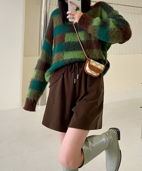 me+em select(ミームセレクト)の「モヘアライクカラーブロックチェックニット(ニット/セーター・レディース・パープル/オレンジ/グリーン・FREE)」の4枚目の写真