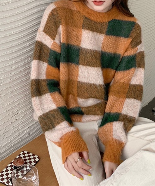 me+em select(ミームセレクト)の「モヘアライクカラーブロックチェックニット(ニット/セーター・レディース・パープル/オレンジ/グリーン・FREE)」の11枚目の写真