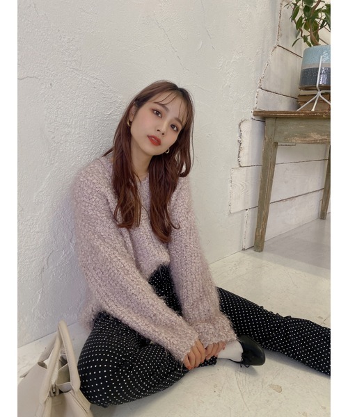 ニット セーター フェザーヤーンパールデザインニット レディース 5color/S-LLsize》フェザーヤーンVネックニット【洗濯機洗い可