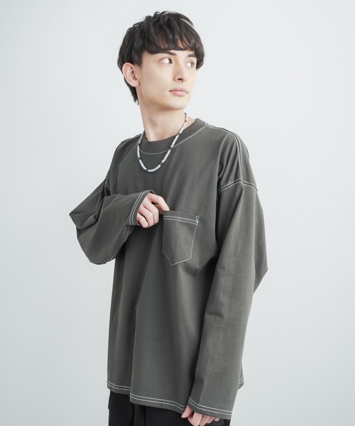 Rocky Monroe(ロッキーモンロー)の「オーバーサイズ ヘビーウェイト 無地/配色ステッチポケット付きビッグロングTシャツ(Tシャツ/カットソー・メンズ・ホワイト/ベージュ/ブラック/カーキ/ホワイト×ブラック/ブラック×ホワイト/ベージュ×ブラック/カーキ系・LL/M/L/MEDIUM/LARGE/X-LARGE)」の8枚目の写真