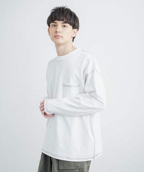 Rocky Monroe(ロッキーモンロー)の「オーバーサイズ ヘビーウェイト 無地/配色ステッチポケット付きビッグロングTシャツ(Tシャツ/カットソー・メンズ・ホワイト/ベージュ/ブラック/カーキ/ホワイト×ブラック/ブラック×ホワイト/ベージュ×ブラック/カーキ系・LL/M/L/MEDIUM/LARGE/X-LARGE)」の1枚目の写真