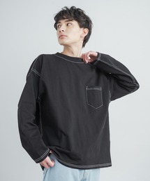 オーバーサイズ ヘビーウェイト 無地/配色ステッチポケット付きビッグロングTシャツ
