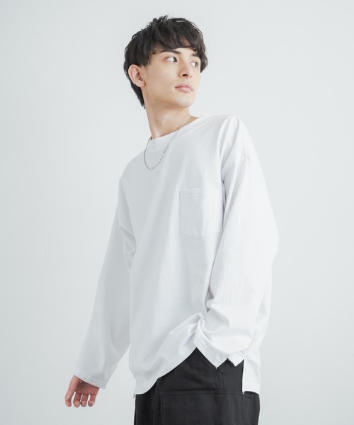 Rocky Monroe(ロッキーモンロー)の「オーバーサイズ ヘビーウェイト 無地/配色ステッチポケット付きビッグロングTシャツ(Tシャツ/カットソー・メンズ・ホワイト/ベージュ/ブラック/カーキ/ホワイト×ブラック/ブラック×ホワイト/ベージュ×ブラック/カーキ系・LL/M/L/MEDIUM/LARGE/X-LARGE)」の2枚目の写真