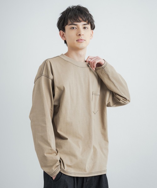 Rocky Monroe(ロッキーモンロー)の「オーバーサイズ ヘビーウェイト 無地/配色ステッチポケット付きビッグロングTシャツ(Tシャツ/カットソー・メンズ・ホワイト/ベージュ/ブラック/カーキ/ホワイト×ブラック/ブラック×ホワイト/ベージュ×ブラック/カーキ系・LL/M/L/MEDIUM/LARGE/X-LARGE)」の6枚目の写真