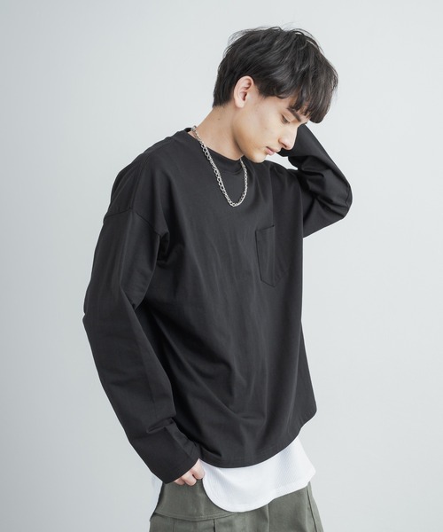 Rocky Monroe(ロッキーモンロー)の「オーバーサイズ ヘビーウェイト 無地/配色ステッチポケット付きビッグロングTシャツ(Tシャツ/カットソー・メンズ・ホワイト/ベージュ/ブラック/カーキ/ホワイト×ブラック/ブラック×ホワイト/ベージュ×ブラック/カーキ系・LL/M/L/MEDIUM/LARGE/X-LARGE)」の3枚目の写真
