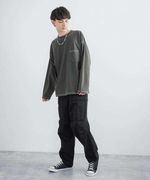 Rocky Monroe(ロッキーモンロー)の「オーバーサイズ ヘビーウェイト 無地/配色ステッチポケット付きビッグロングTシャツ(Tシャツ/カットソー・メンズ・ホワイト/ベージュ/ブラック/カーキ/ホワイト×ブラック/ブラック×ホワイト/ベージュ×ブラック/カーキ系・LL/M/L/MEDIUM/LARGE/X-LARGE)」の11枚目の写真