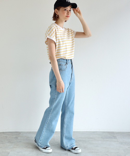 andme（アンドミー）の「裾フリンジデニムフレアパンツ（デニムパンツ・レディース・ブラック/サックスブルー/ブルー・M/L）」の4枚目の写真