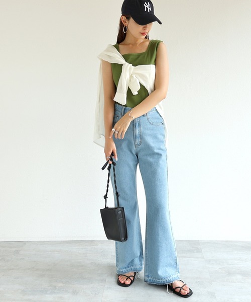 andme（アンドミー）の「裾フリンジデニムフレアパンツ（デニムパンツ・レディース・ブラック/サックスブルー/ブルー・M/L）」の5枚目の写真