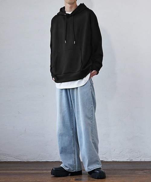 MinoriTY(マイノリティ)の「【MinoriTY】もちもちポンチ素材立体フードオーバーサイズパーカー フーディー メンズ 秋ルーズシルエット(パーカー・メンズ・ブラック/ダークグリーン/パープル/アイボリー/モカ・S/M/L)」の16枚目の写真