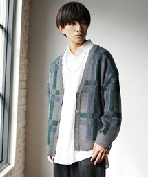 【MinoriTY】モヘアタッチジャガード編みチェックカーディガン セーター メンズ オーバーサイズ ビッグシルエット ルーズフィット 春服 冬服