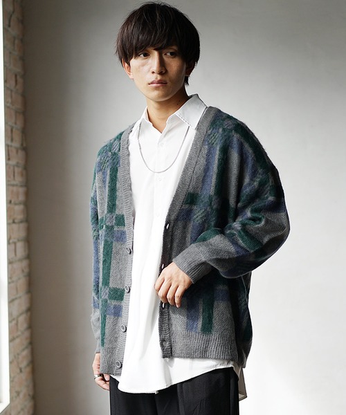 MinoriTY】モヘアタッチジャガード編みチェックカーディガン セーター