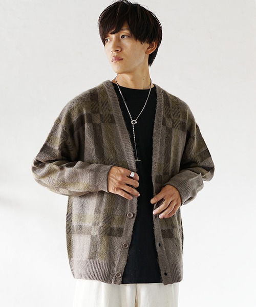 MinoriTY（マイノリティ）の「【MinoriTY】モヘアタッチジャガード編みチェックカーディガン セーター メンズ オーバーサイズ ビッグシルエット ルーズフィット 春服 冬服（カーディガン/ボレロ・メンズ・モカ/チャコール・L/M）」の6枚目の写真