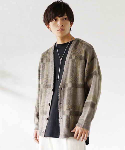 MinoriTY】モヘアタッチジャガード編みチェックカーディガン セーター