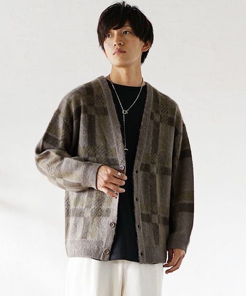 MinoriTY（マイノリティ）の「【MinoriTY】モヘアタッチジャガード編みチェックカーディガン セーター メンズ オーバーサイズ ビッグシルエット ルーズフィット 春服 冬服（カーディガン/ボレロ・メンズ・モカ/チャコール・L/M）」の12枚目の写真