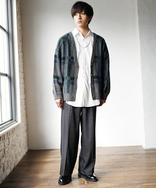 MinoriTY（マイノリティ）の「【MinoriTY】モヘアタッチジャガード編みチェックカーディガン セーター メンズ オーバーサイズ ビッグシルエット ルーズフィット 春服 冬服（カーディガン/ボレロ・メンズ・モカ/チャコール・L/M）」の3枚目の写真