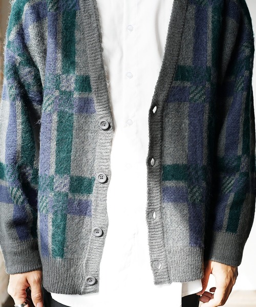 MinoriTY】モヘアタッチジャガード編みチェックカーディガン セーター
